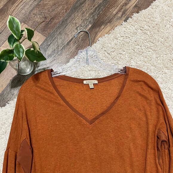 Anthropologie Bordeaux Medium Boxy Oversized Orange Ribbed V Neck Top - Picture 3 of 7
